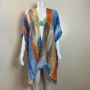 Blue multi raw hem split sides kimono cover up